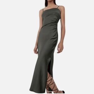 Zara Satin Slip Midi Dress Dark (olive) Green Size XS